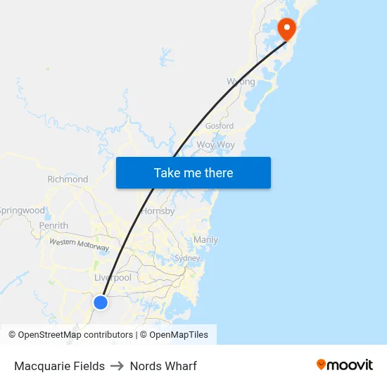 Macquarie Fields to Nords Wharf map
