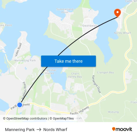 Mannering Park to Nords Wharf map