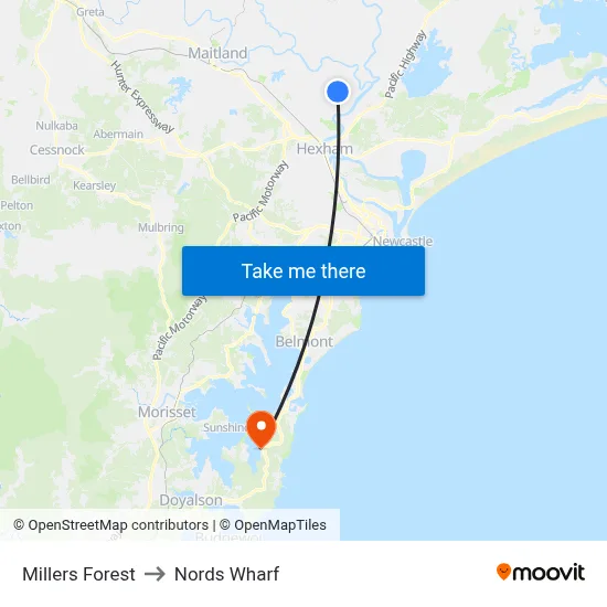 Millers Forest to Nords Wharf map