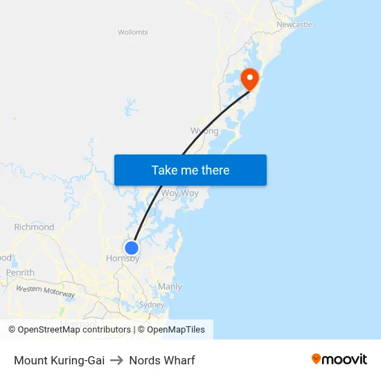 Mount Kuring-Gai to Nords Wharf map