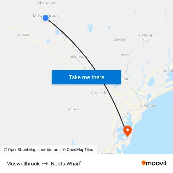Muswellbrook to Nords Wharf map
