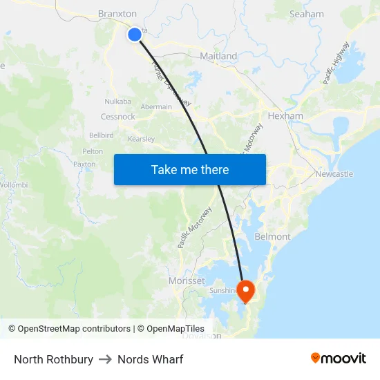 North Rothbury to Nords Wharf map