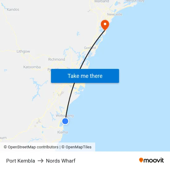 Port Kembla to Nords Wharf map
