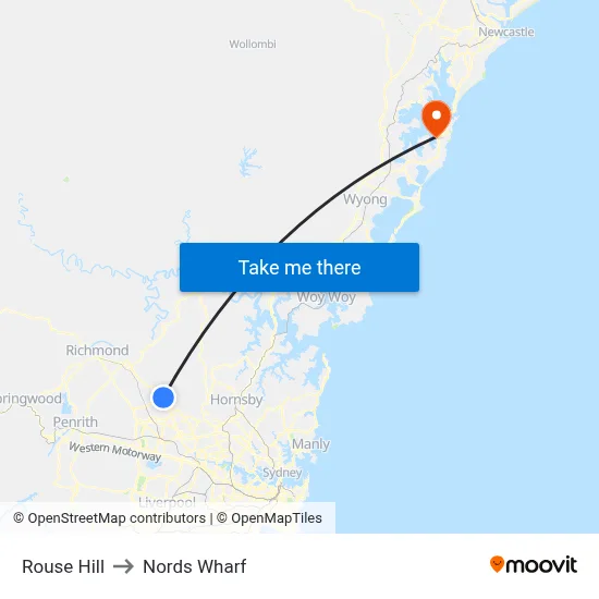 Rouse Hill to Nords Wharf map
