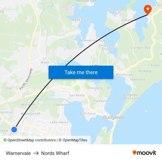 Warnervale to Nords Wharf map