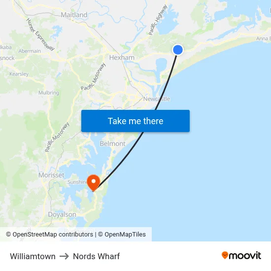 Williamtown to Nords Wharf map