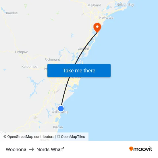 Woonona to Nords Wharf map