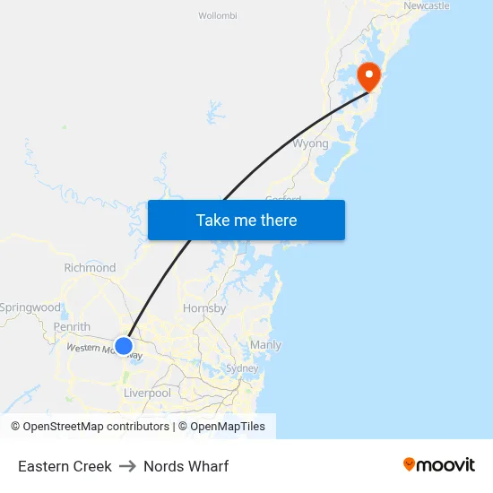 Eastern Creek to Nords Wharf map