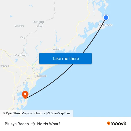 Blueys Beach to Nords Wharf map