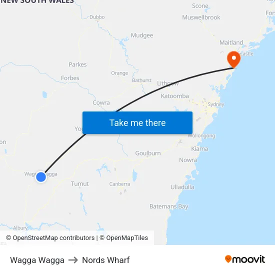 Wagga Wagga to Nords Wharf map