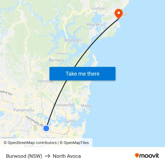 Burwood (NSW) to North Avoca map