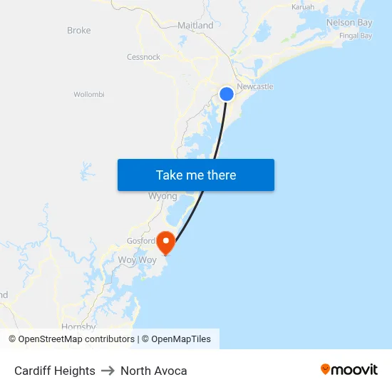 Cardiff Heights to North Avoca map