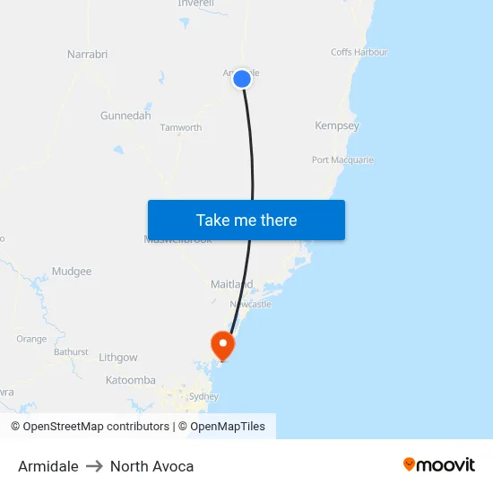 Armidale to North Avoca map
