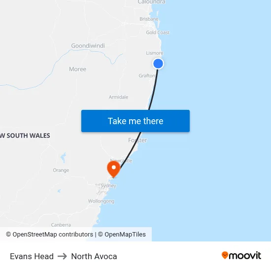 Evans Head to North Avoca map