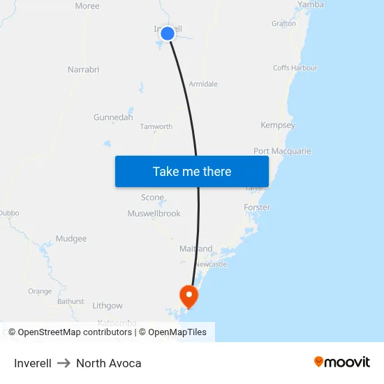 Inverell to North Avoca map