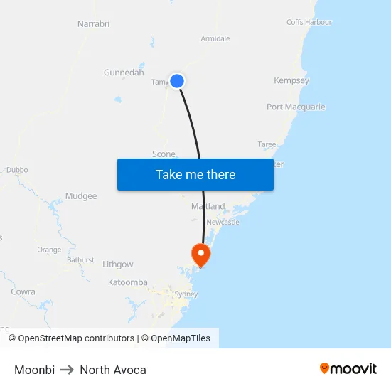 Moonbi to North Avoca map