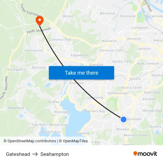 Gateshead to Seahampton map