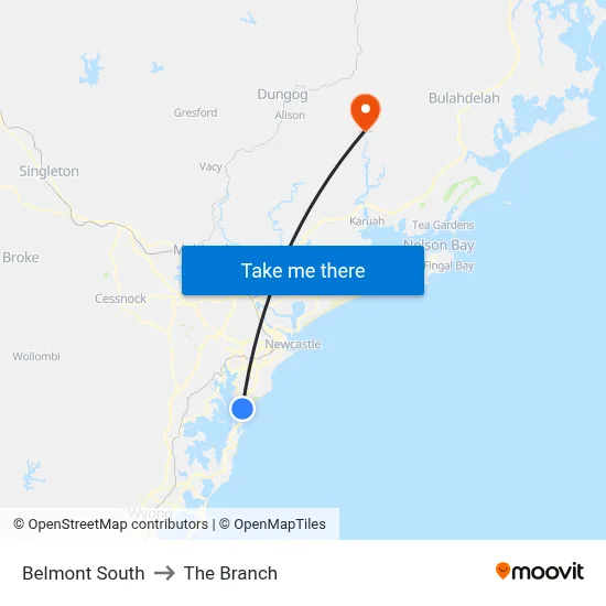 Belmont South to The Branch map