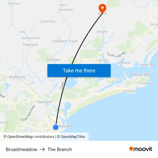 Broadmeadow to The Branch map