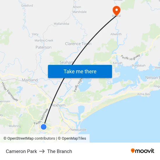Cameron Park to The Branch map