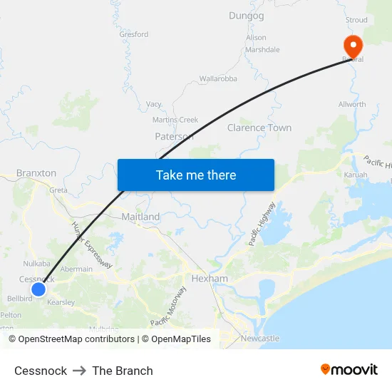 Cessnock to The Branch map