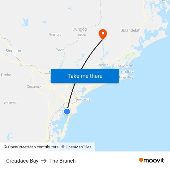 Croudace Bay to The Branch map