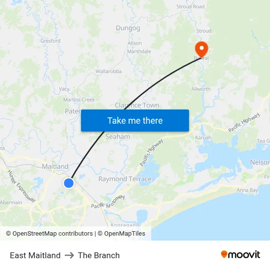 East Maitland to The Branch map