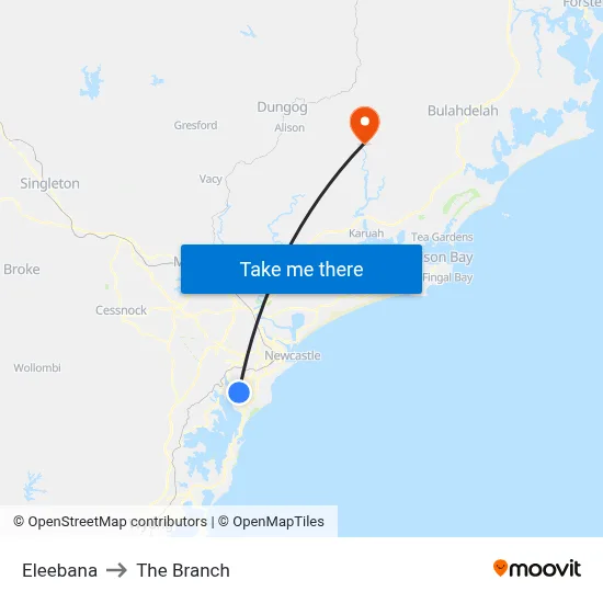 Eleebana to The Branch map