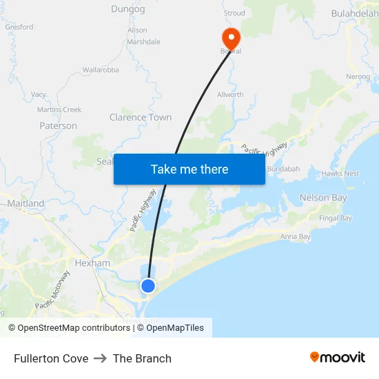 Fullerton Cove to The Branch map