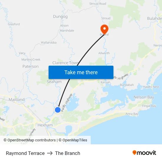 Raymond Terrace to The Branch map