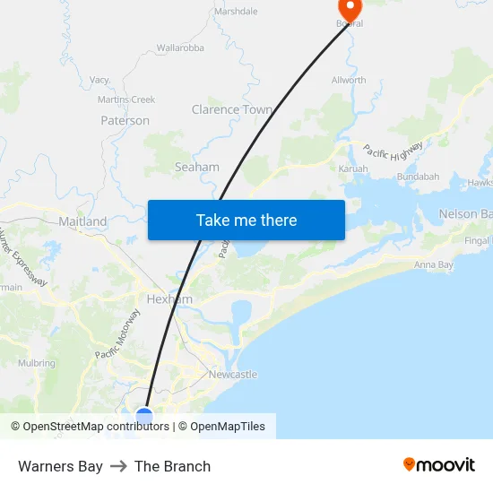 Warners Bay to The Branch map