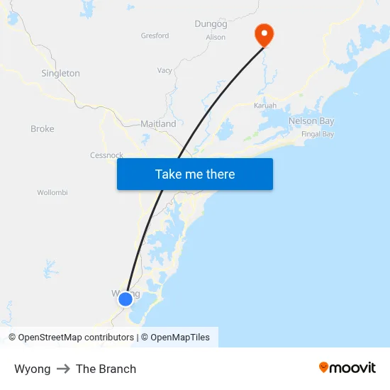 Wyong to The Branch map