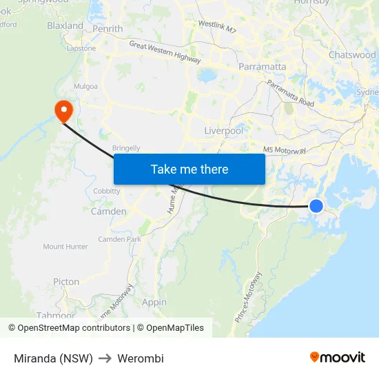 Miranda (NSW) to Werombi map