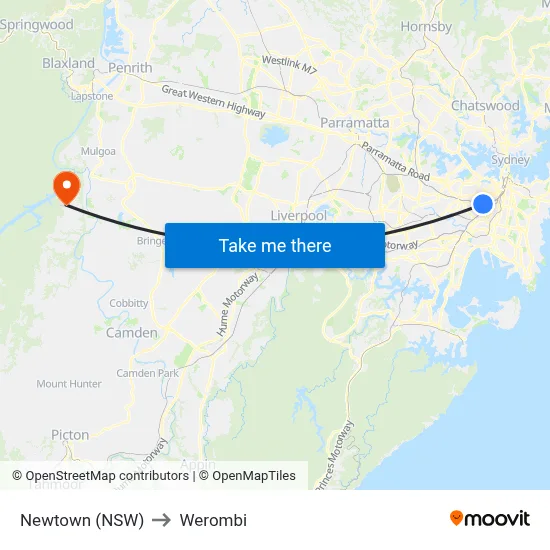 Newtown (NSW) to Werombi map