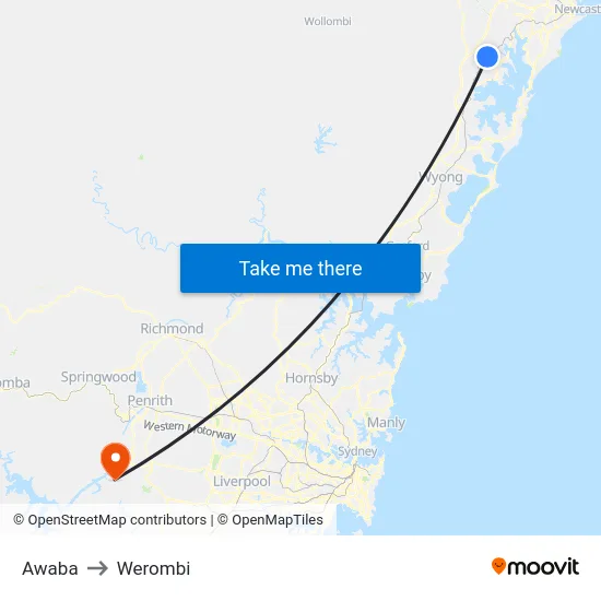 Awaba to Werombi map