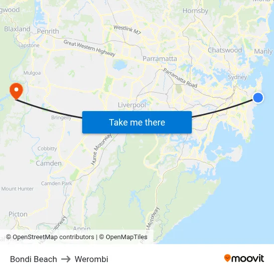 Bondi Beach to Werombi map