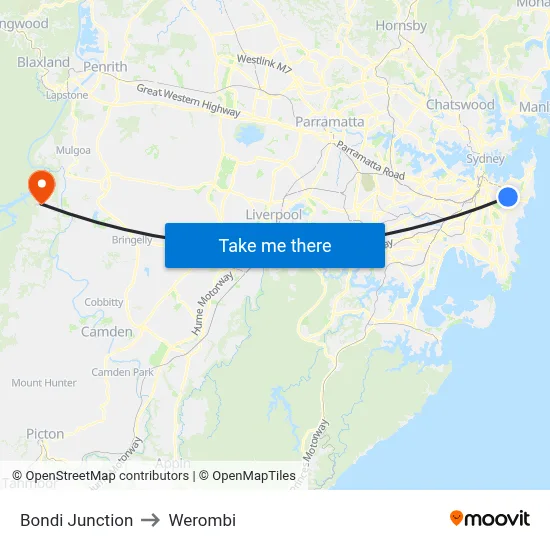 Bondi Junction to Werombi map