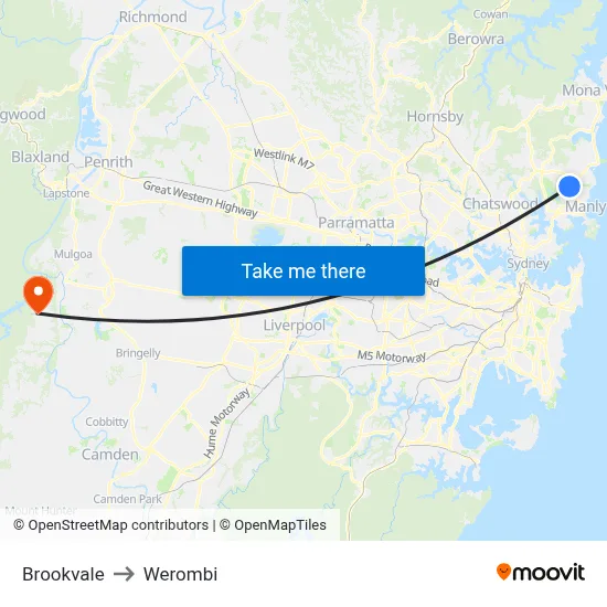 Brookvale to Werombi map