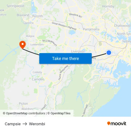Campsie to Werombi map