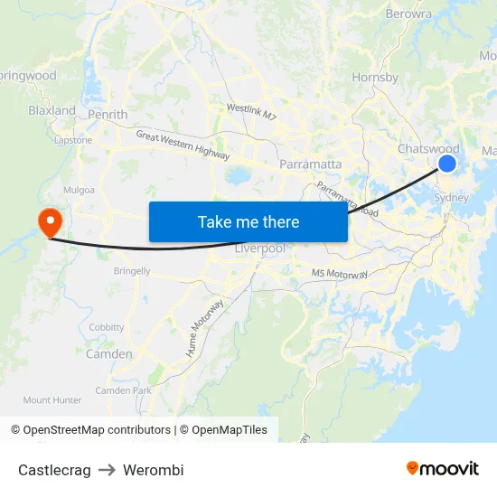 Castlecrag to Werombi map