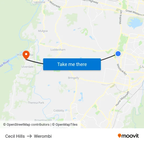 Cecil Hills to Werombi map