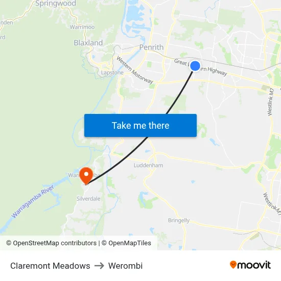 Claremont Meadows to Werombi map