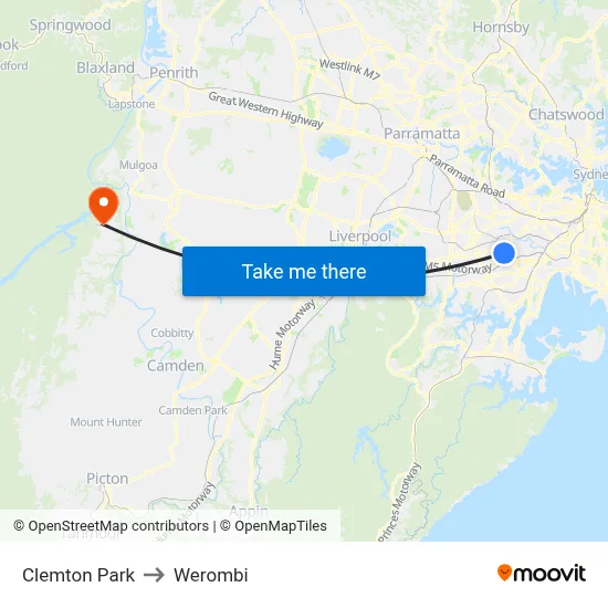 Clemton Park to Werombi map