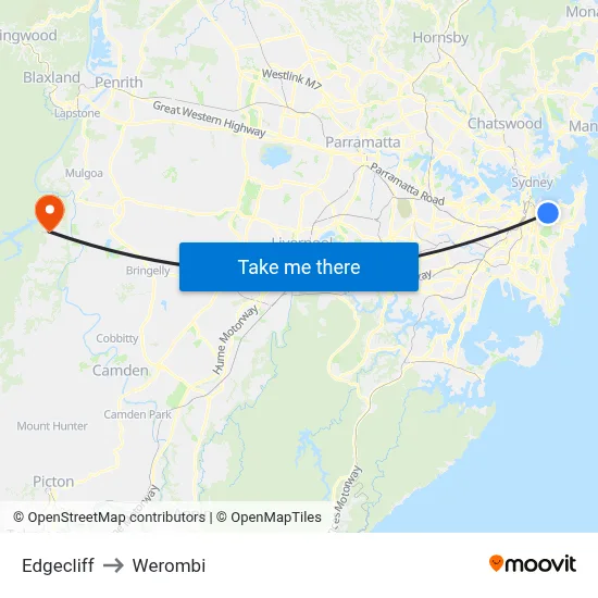 Edgecliff to Werombi map