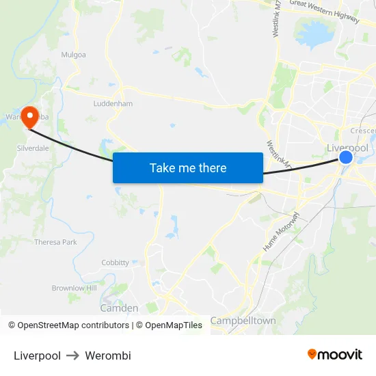 Liverpool to Werombi map