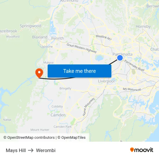 Mays Hill to Werombi map