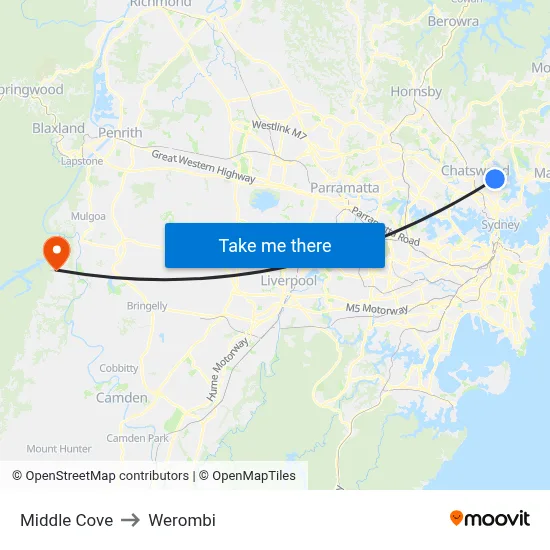 Middle Cove to Werombi map
