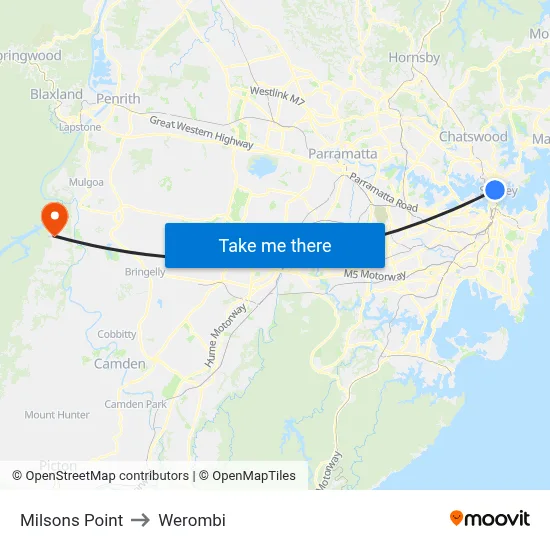 Milsons Point to Werombi map