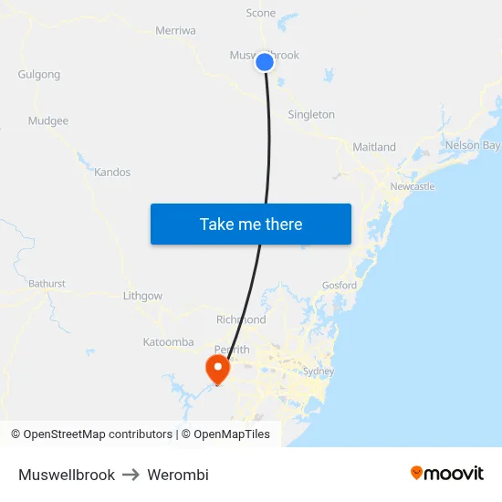 Muswellbrook to Werombi map
