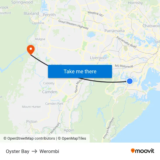 Oyster Bay to Werombi map